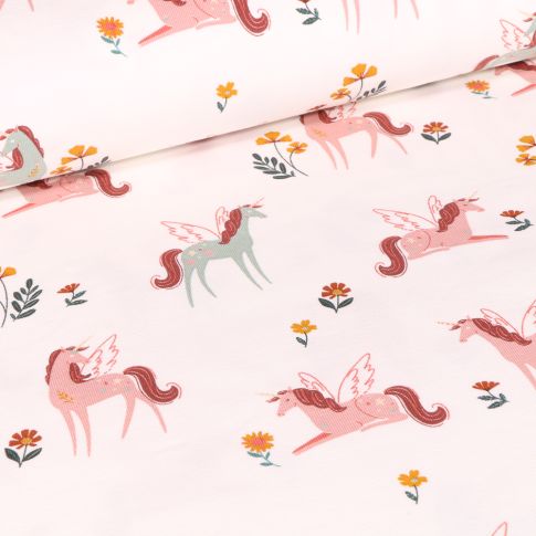 Tissu Jersey Coton Licornes et petites fleurs sur fond Blanc cassé