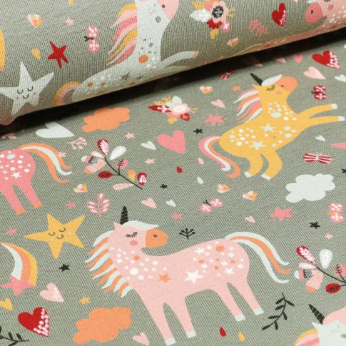 Tissu Jersey Coton Licornes étoiles et coeurs sur fond Vert menthe