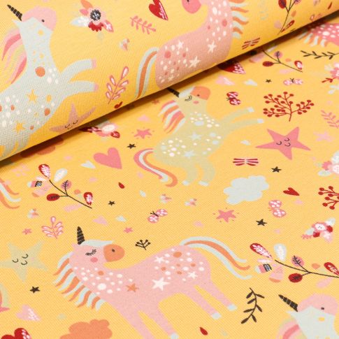 Tissu Jersey Coton Licornes étoiles et coeurs sur fond Jaune