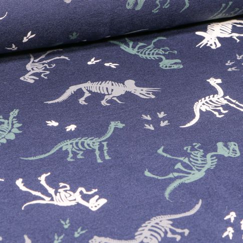 Tissu Jersey coton Squelettes Dino sur fond Bleu chiné