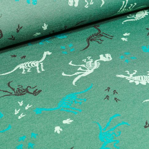 Tissu Jersey coton Squelettes Dino sur fond Vert chiné