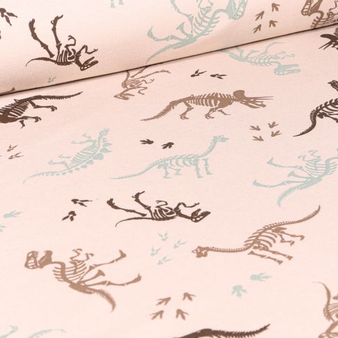 Tissu Jersey coton Squelettes Dino sur fond Beige chiné
