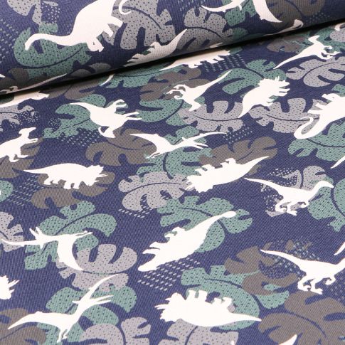 Tissu Jersey coton Diplodocus et feuilles sur fond Bleu marine