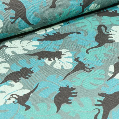 Tissu Jersey coton Diplodocus et feuilles sur fond Bleu lagon