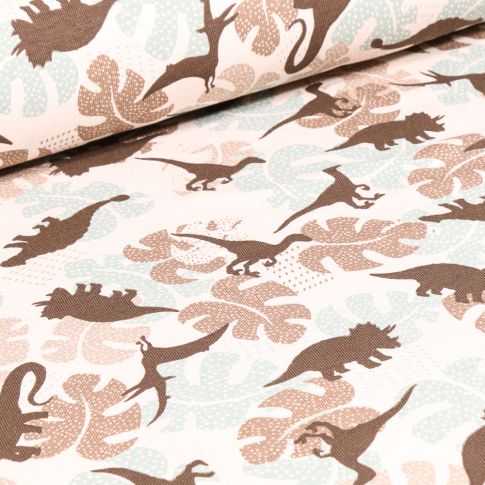 Tissu Jersey coton Diplodocus et feuilles sur fond Blanc cassé