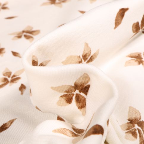 Tissu Jersey Coton Fleurs marrons sur fond Blanc cassé