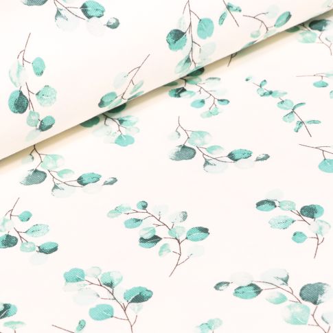Tissu Jersey Coton Branches vert menthe sur fond Blanc cassé