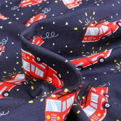Tissu Jersey Coton Camion de pompier en alerte sur fond Bleu marine