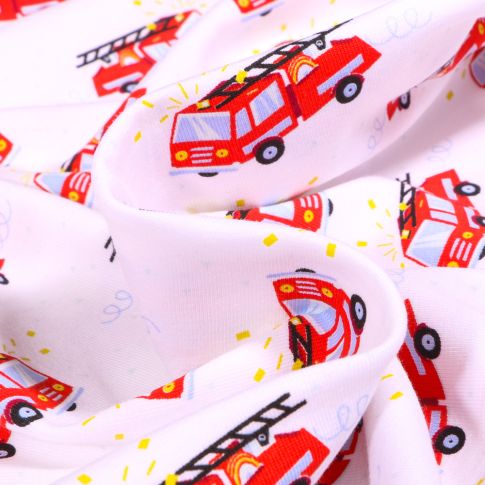 Tissu Jersey Coton Camion de pompier en alerte sur fond Blanc