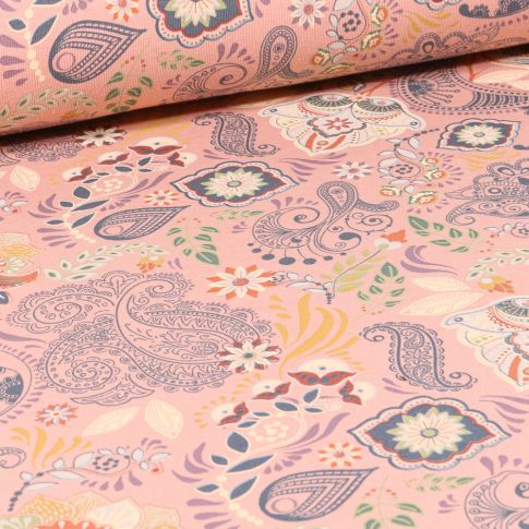 Tissu Jersey Coton Motifs orientaux sur fond Rose