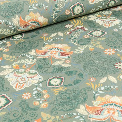 Tissu Jersey Coton Motifs orientaux sur fond Vert d'eau