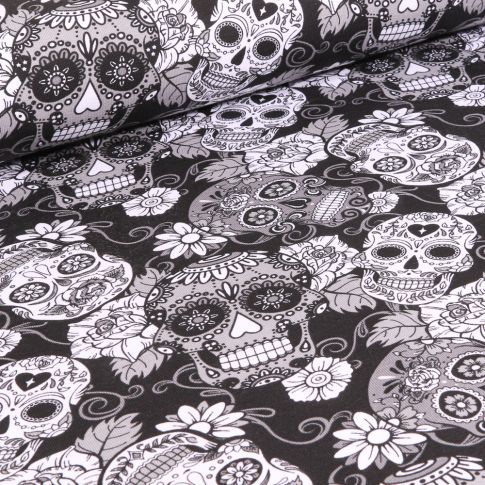 Tissu Jersey Coton Tête de morts et rose sur fond Noir