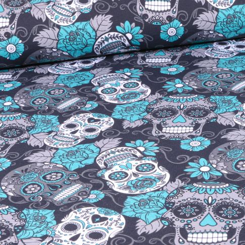 Tissu Voile de Coton Têtes de morts mandala sur fond Noir