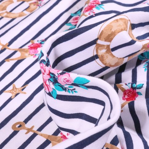 Tissu Jersey Coton Ancres roses et marinière sur fond Blanc