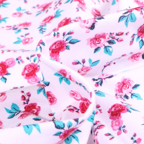 Tissu Jersey Coton Rose Vivienne sur fond Blanc