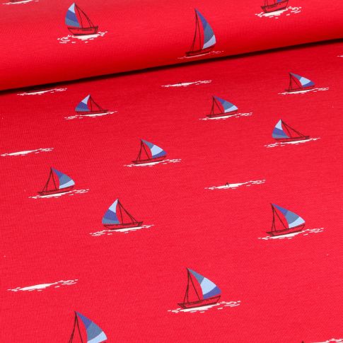 Tissu Jersey Coton Voilier bleu blanc rouge sur fond Rouge