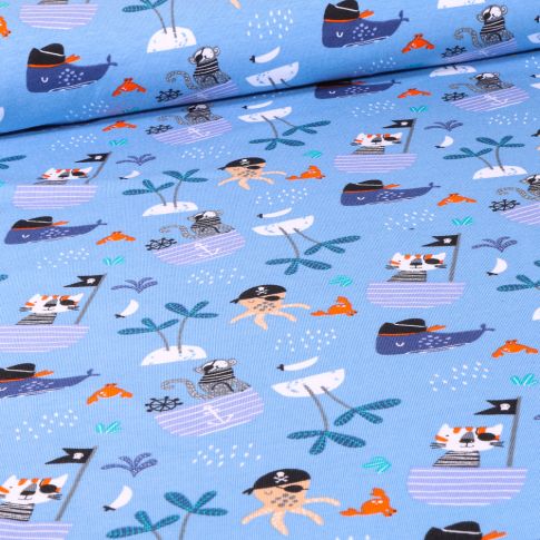 Tissu Jersey Coton Animaux pirates pieuvre et baleine sur fond Bleu