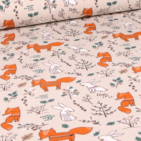 Tissu Jersey Coton Renard et lapinou sur fond Beige