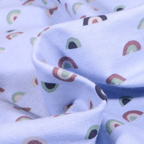 Tissu Jersey Coton Rainbow sur fond Bleu ciel