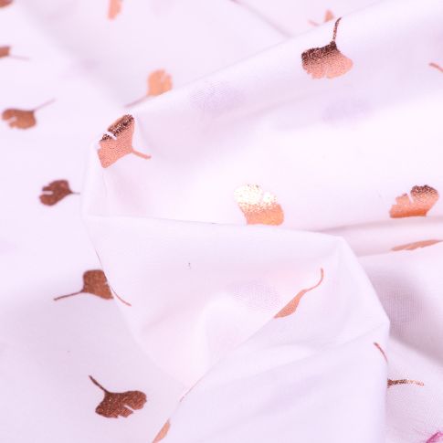 Tissu Coton imprimé Fleurs métallisées rose gold sur fond Blanc