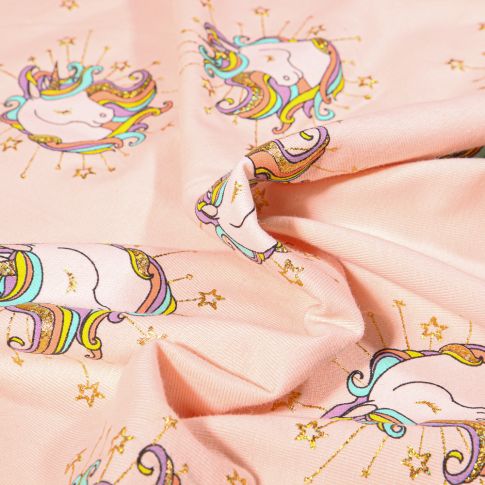 Tissu Jersey Coton Tête de licornes pailletées sur fond Rose pastel