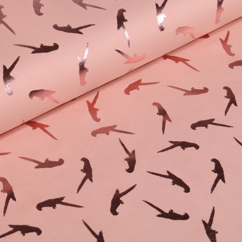 Tissu Jersey Coton Perroquets métallisés sur fond Rose