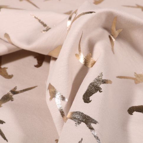 Tissu Jersey Coton Perroquets métallisés sur fond Blanc cassé