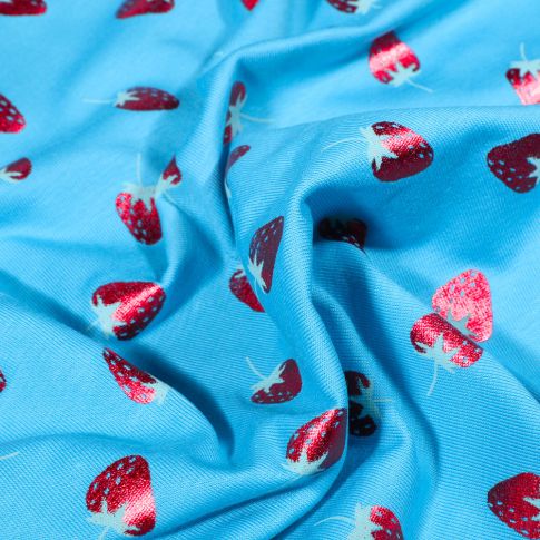 Tissu Jersey Coton Fraises métallisées sur fond Bleu turquoise