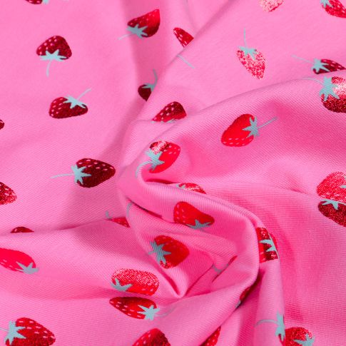 Tissu Jersey Coton Fraises métallisées sur fond Rose