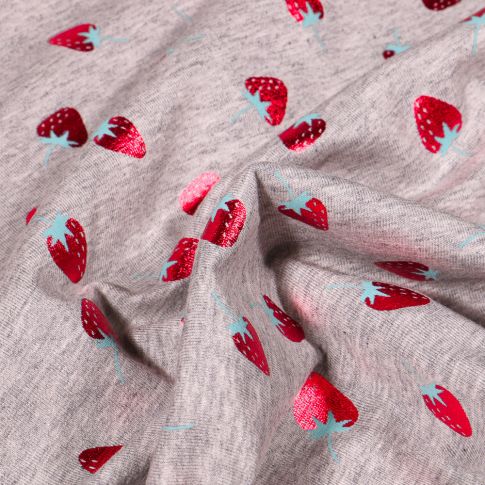 Tissu Jersey Coton Fraises métallisées sur fond Gris chiné
