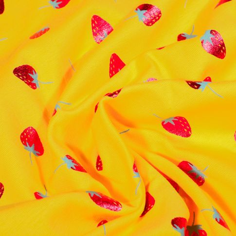 Tissu Jersey Coton Fraises métallisées sur fond Jaune