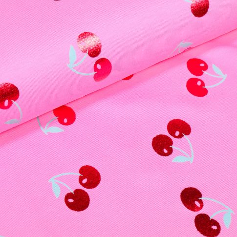 Tissu Jersey Coton Cerises métallisées sur fond Rose