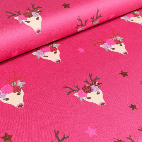 Tissu Jersey Coton Tête de cerf fleuris sur fond Rose fuchsia