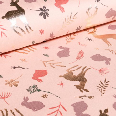 Tissu Jersey Coton Lapins et faons métallisés dorés sur fond Rose