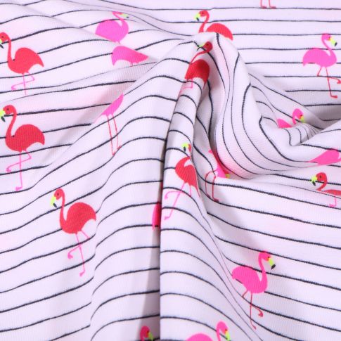 Tissu Jersey Coton rayures bleu marine et flamants rouge et rose fluo sur fond Blanc