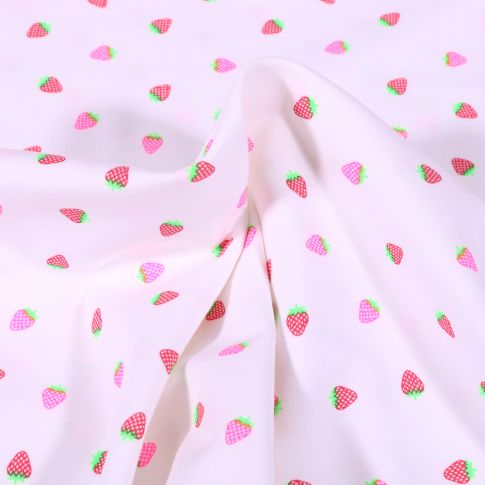 Tissu Jersey Coton Fraises fluo sur fond Blanc