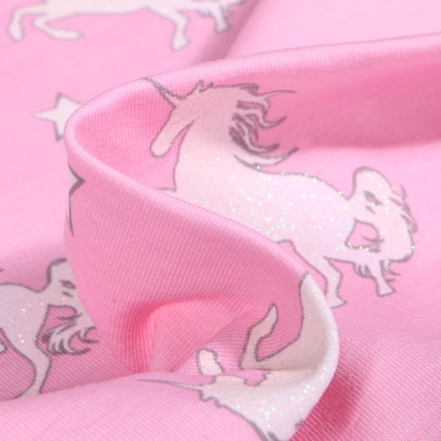 Tissu Jersey Coton Licornes pailletés sur fond Rose