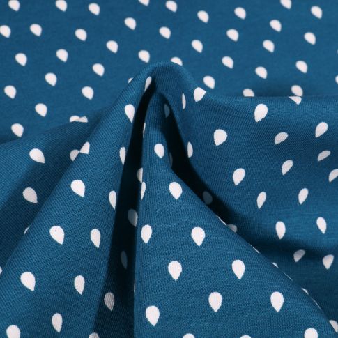 Tissu Jersey Coton Gouttes blanches sur fond Bleu foncé