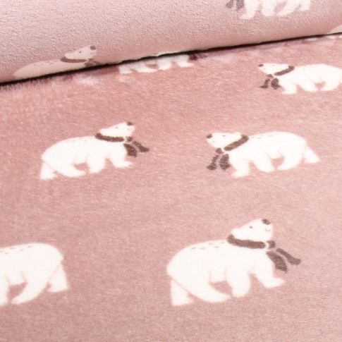 Tissu Doudou Ours polaire envers rayé sur fond Rose clair
