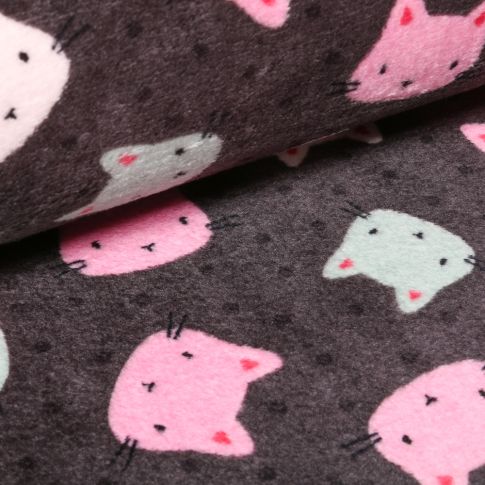 Tissu Doudou Chats roses et vert menthe sur fond Gris anthracite
