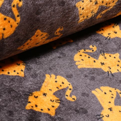 Tissu Doudou Tigres ocre sur fond Gris anthracite