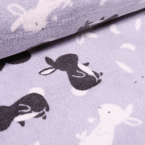 Tissu Doudou Lapins blancs et noires sur fond Bleu gris