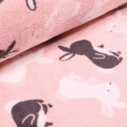 Tissu Doudou Lapins blancs et noires sur fond Rose bébé