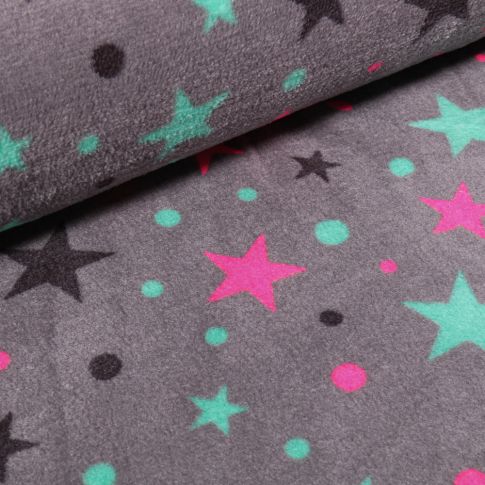 Tissu Doudou Etoiles et pois sur fond Gris foncé