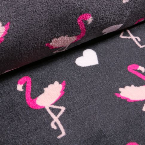 Tissu Doudou Flamants roses sur fond Gris anthracite