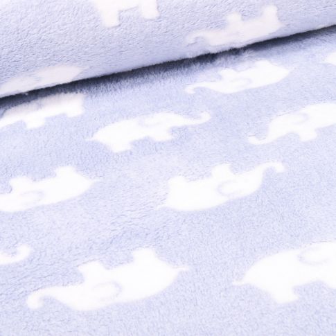 Tissu Doudou Eléphants blancs sur fond Bleu ciel