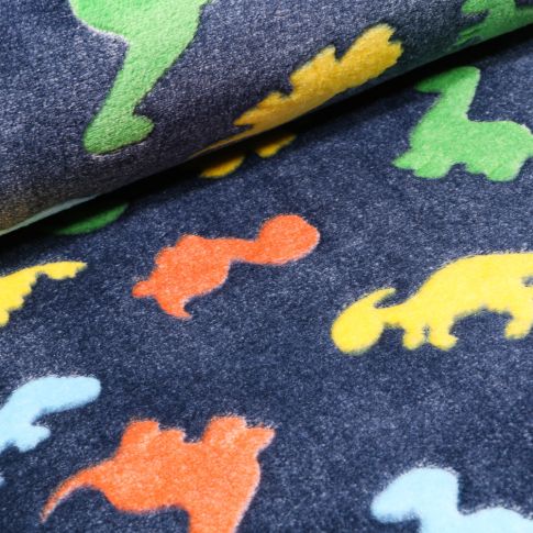 Tissu Doudou Baby dinos sur fond Bleu marine