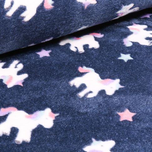 Tissu Doudou Baby licornes sur fond Bleu marine