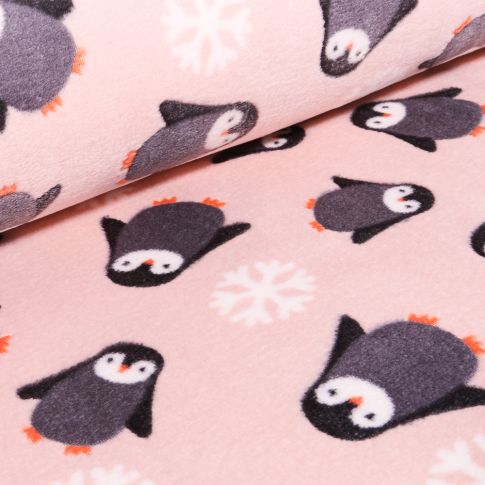 Tissu Doudou Baby pingouins sur fond Rose
