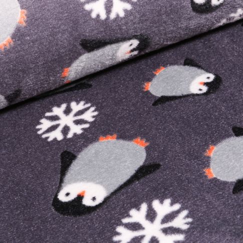 Tissu Doudou Baby pingouins sur fond Gris foncé